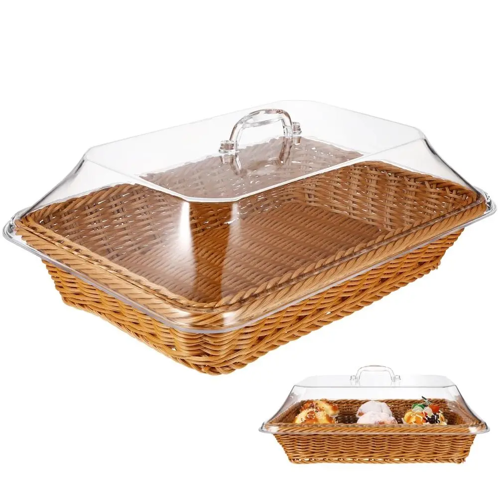

1Pcs Woven Basket Lid Imitation Rattan Vegetable Bread Serving with Acrylic Lid Food Serving Basket Tabletop Transparent Durable