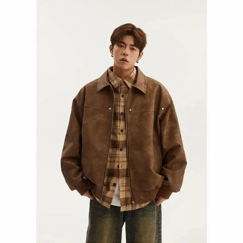 Korean Retro Lapel Leather Jacket Men and Women in Spring and Autumn Y2K Loose Street Couple Workwear Leather Motorcycle Jacket