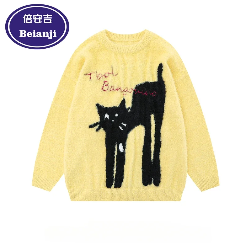 

Beianji brand knit sweater American slouchy cat jacquard mohair for men and women autumn and winter lovers thick loose pullover