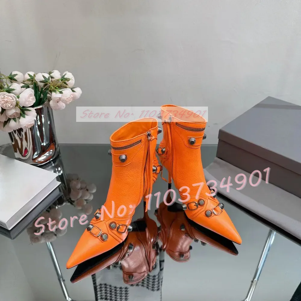 Silver Rivets Zipper Ankle Boots Ladies Pointed Belt Buckle Thin High Heel Shoes Women Trendy Sexy Slim Chic Shiny Leather Boots