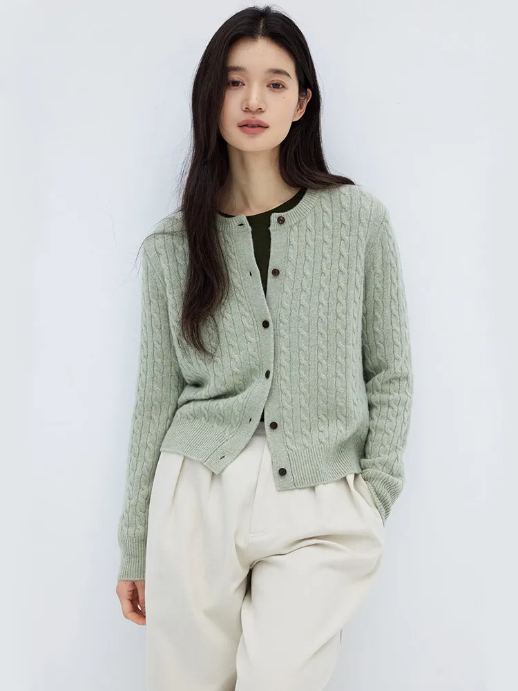 Consinee A gauge 100% cashmere 7-pin double thread crew neck cardigan retro twist twisted wool knitted sweater jacket women