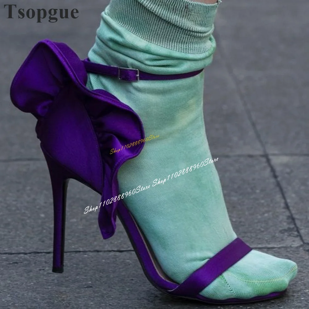 

Luxury Purple Ruffles Narrow Strap Sandals Thin High Heel Women Shoes Ankle Buckle Strap Open Toe 2024 Sexy Zapatos Para Mujere