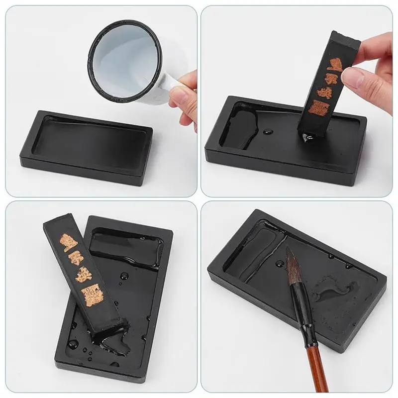 J1UL1N Chinese Calligraphy Ink Stone With Ink Stick, Traditional Chinese Ink Stones Ink-Well Dish Sumi Ink Stone Tray