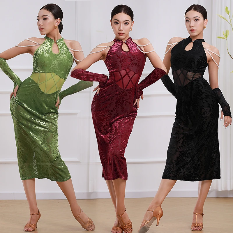 

Винтажные платья для латинских танцев, женская черная танцевальная одежда для выступлений, сценическая одежда для латинских танцев, китайский стиль, Cheongsam, зеленый VDL4830