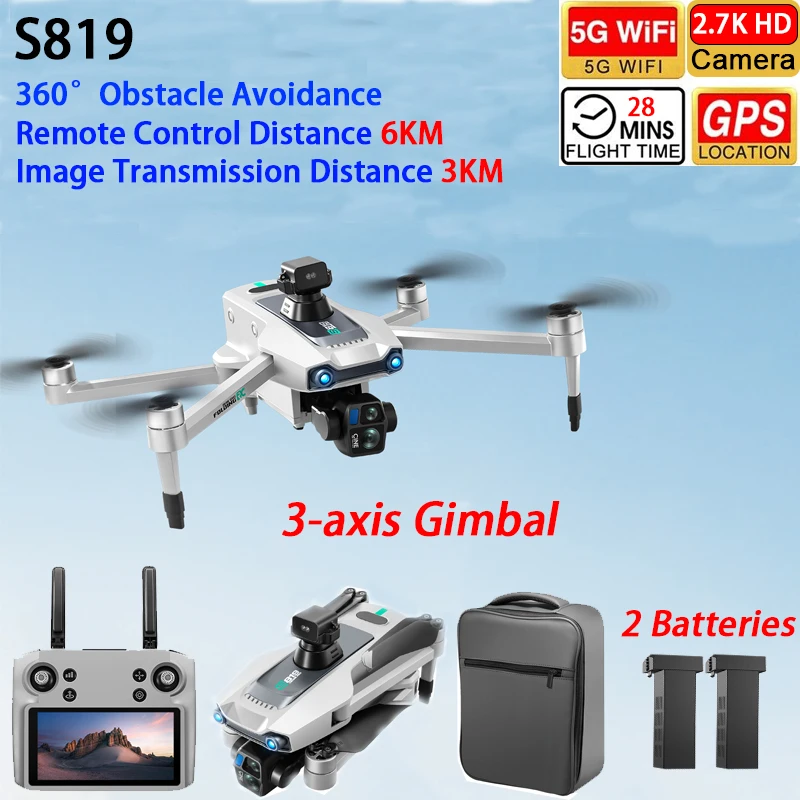 S819 Drone GPS FPV 6KM 3-axis Gimbal 2.7K Dual Camera 360° Obstacle Avoidance Touch Control Screen Quadcopter With 2 Batteries