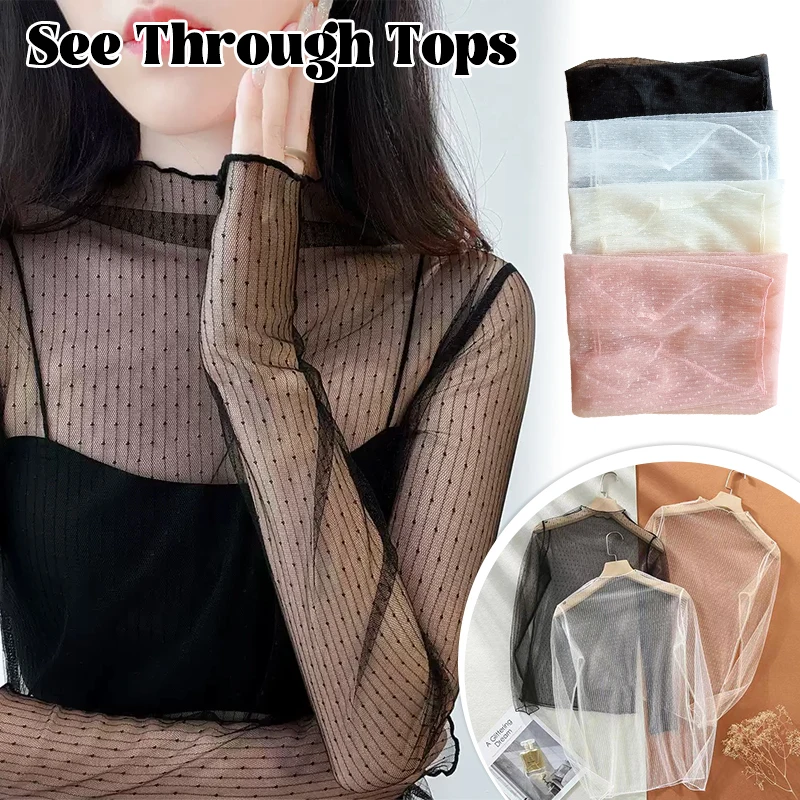 

Sexy See Through Women Mesh T-Shirts Transparent Lace Blouse Long Sleeve Tops for Women Bottoming Shirt Tulles Tops Shirt Tees