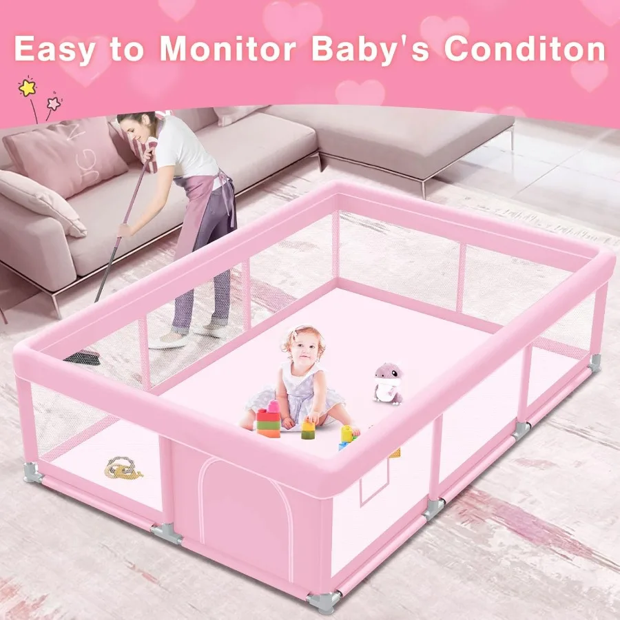 Pink Baby Playpen 74x50 Inches Playpen for Little Princess Play Yards Indoor and Outdoor Sturdy Safety Baby Girls Play Pen with