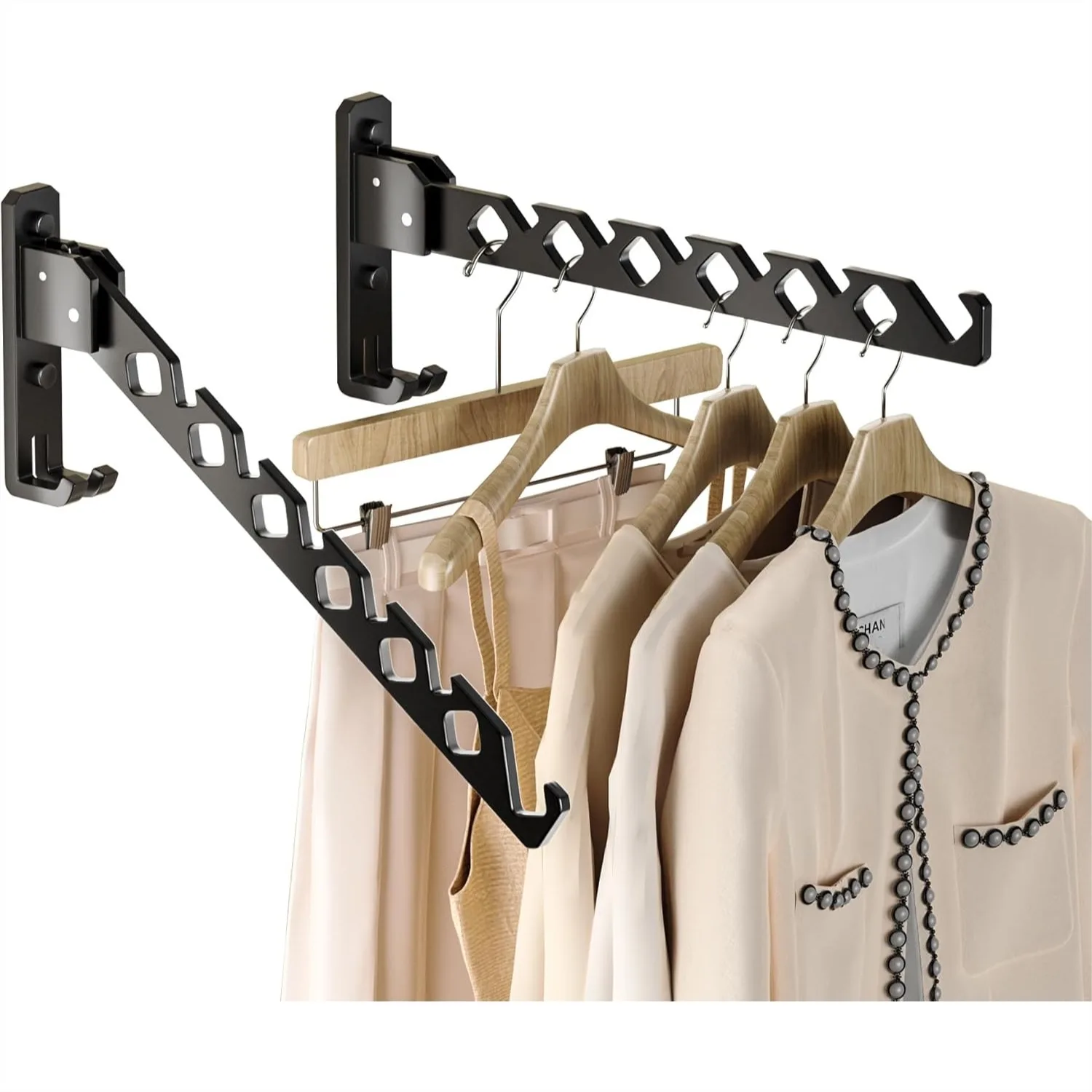 Wall Mount Coat Hanger Holder Retractable Folding Space Saver for Laundry Room Bedroom Black 2Pack