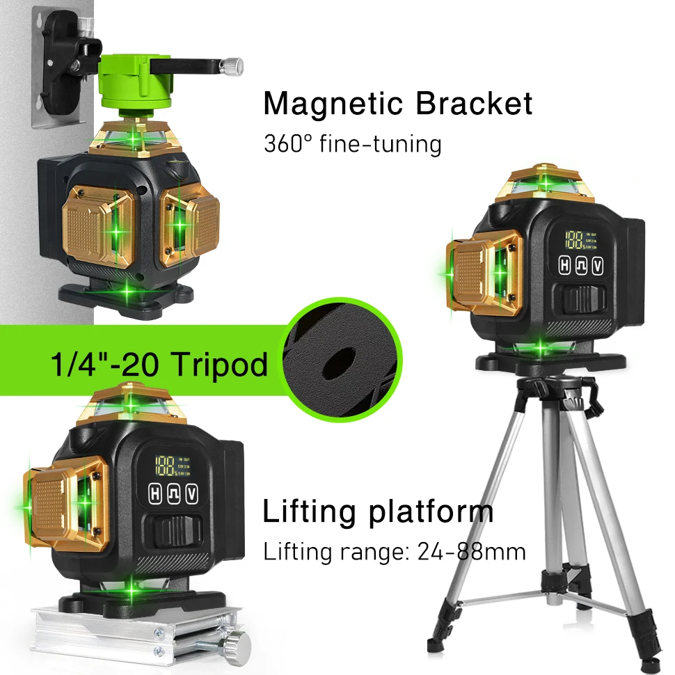 Clubiona 16-Line 4D Green Laser Level with 360° Rotation, High-Precision Vertical and Horizontal Lines for Decoration.