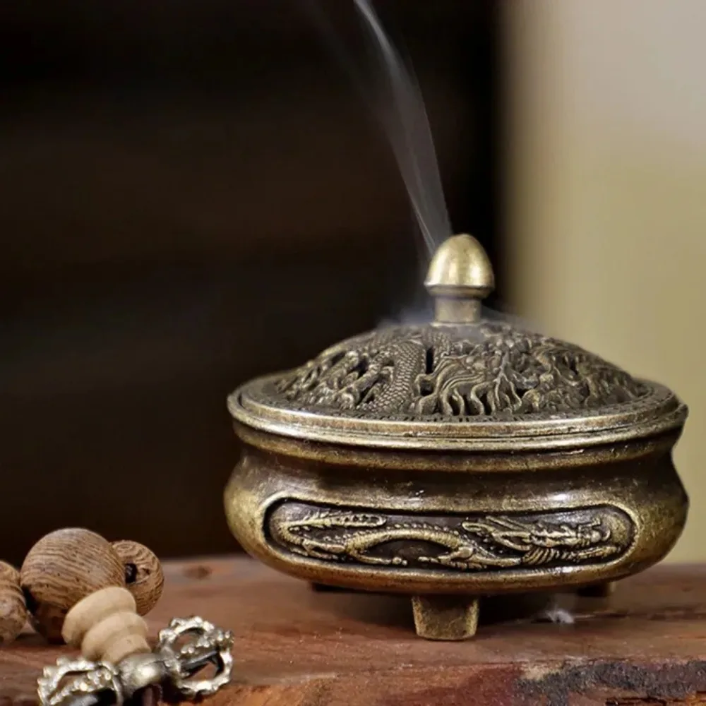 Mini-Räuchergefäß aus Legierung mit Drachen- und Phönix-Motiv – dreibeiniges Design, antihaftbeschichtetes Pulverfach, kreativer Aromatherapie-Brenner