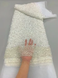 Pure White African Luxury Sequins Tulle Lace Fabric Nigerian Handmade Beaded And Pearl Lace Fabric For Woman Evening Cloth Dress