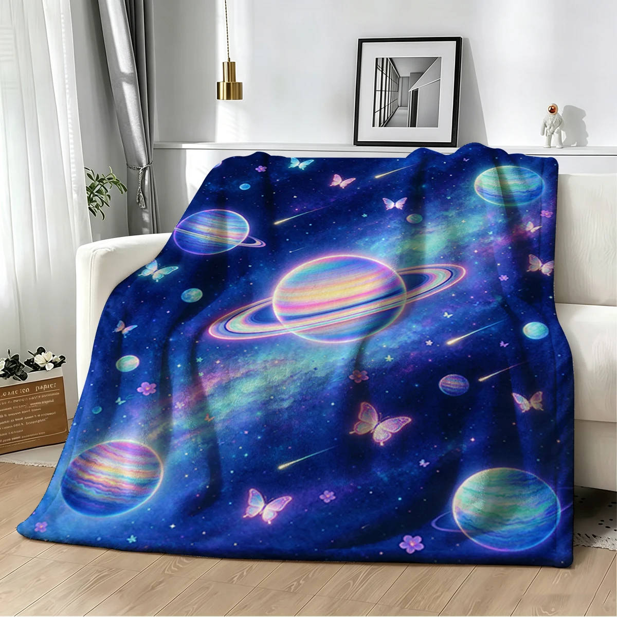 Neon Saturn Galaxy Butterfly Flannel Blanket Warm Soft Halloween Christmas Decorative Couch Warm Cozy All-Season Gift