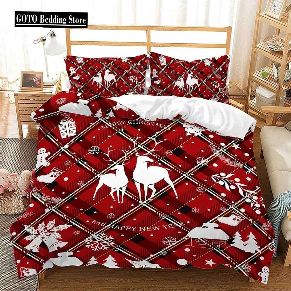 

Merry Christmas 3D Print Bedding Set, Duvet Covers,Pillowcases, Red,Snowflake,Deer,Comforter New Year Gift Bed Clothes, 240x220