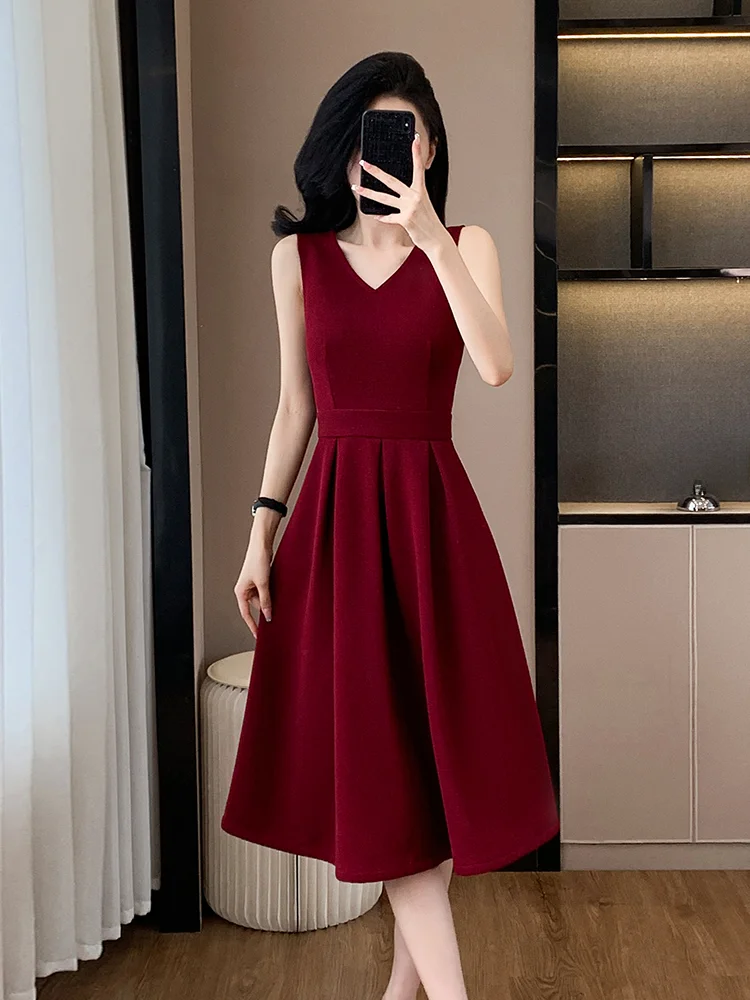 

Red Vest Dress Women's New 2026 Summer V-neck Professional Elegant High-end Inner Wear Skirt Commute OL Style High Waist A-line