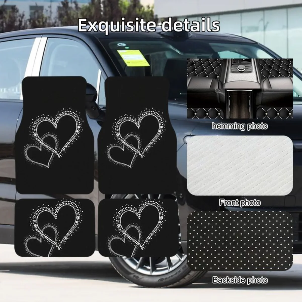 Universal 4Pcs Car Floor Mats Black Base White Double Heart Print Waterproof Anti-slip Auto Foot Pads Elegant Women Carpet