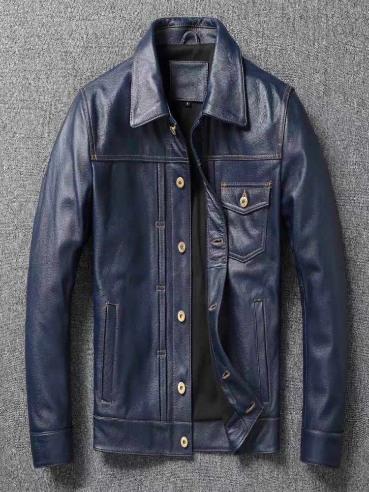 New Navy Blue Top Layer Cowhide Genuine Leather Jacket Men's Short Slim Fit Retro Motorcycle Lapel Casual Trendy