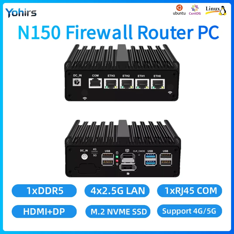 Intel N150 Fanless Industrial Mini PC Router 4xIntel 2.5G i226 Lan DP HDMI DDR5 NVME Firewall Network Appliance Compact OPNsense