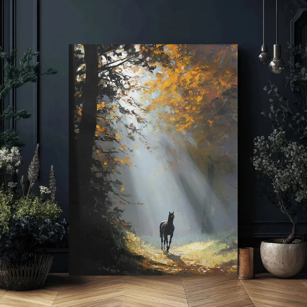 Multiple sizes 1pc frameless Canvas Painting,Autumn Forest Horse Nature Sunlight Through Trees Poster and Prints Canvas Painting