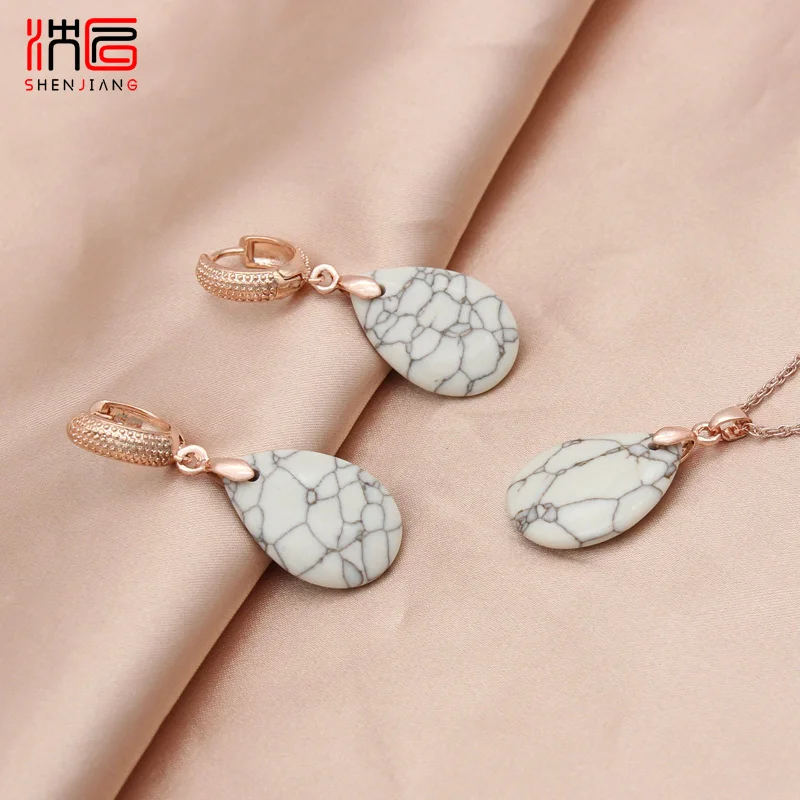 SHENJIANG New Vintage Water Drop Synthetic Turquoises Dangle Earrings Jewelry Sets For Women Wedding Pendant Necklace