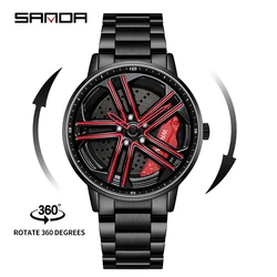 SANDA P1090 Regarder Mens Rim Hub Watch Wheel orologio da polso orologio Sport Car Creative 360 Spinning orologi da polso maschili Reloj de hombre