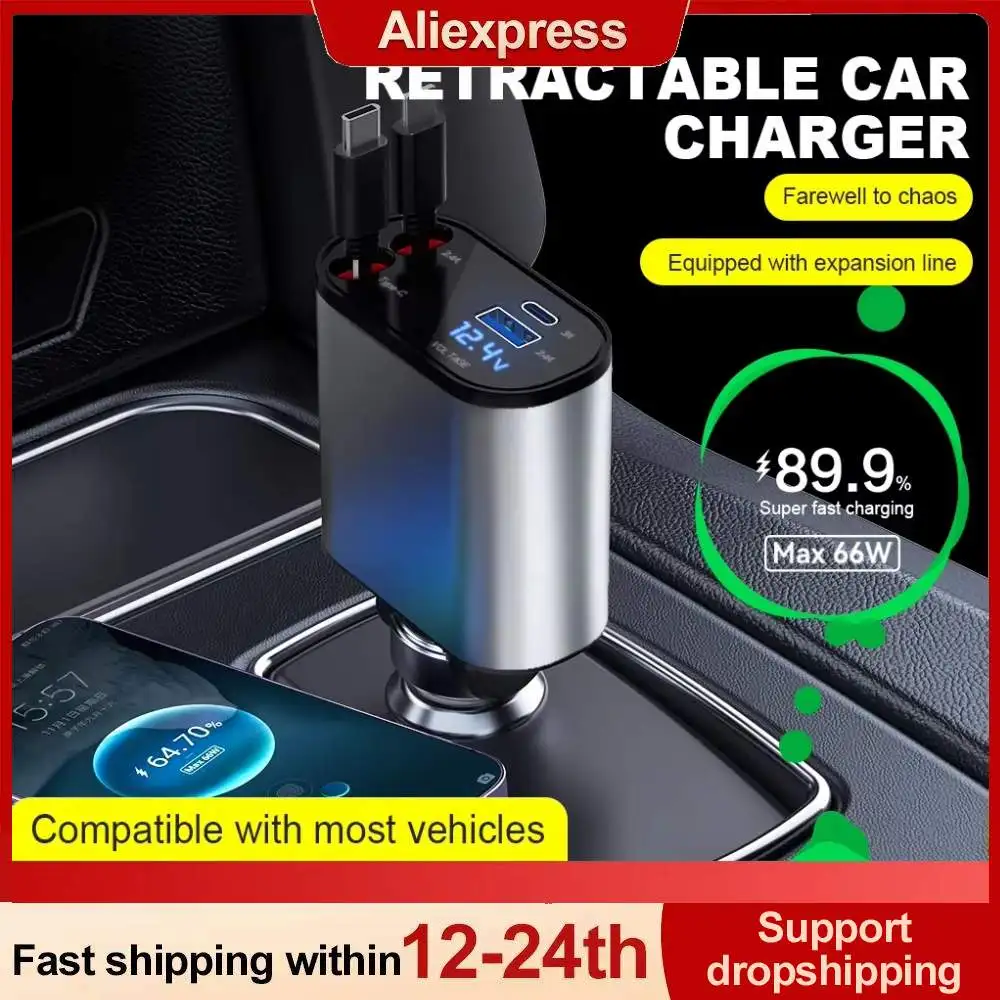 4 in 1 USB Car Power Adapter Digital Display USB Charger Socket Super Fast Charge Type C for Apple Cigarette Lighter Adapter 86W