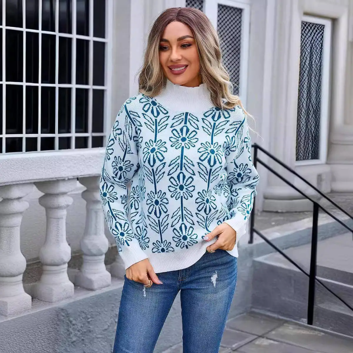 

Spring 2025 Floral Knit High Ne Sweater plus Size Women's Faion Trend Commute Sle Plant Floral Pattern Knitted Top