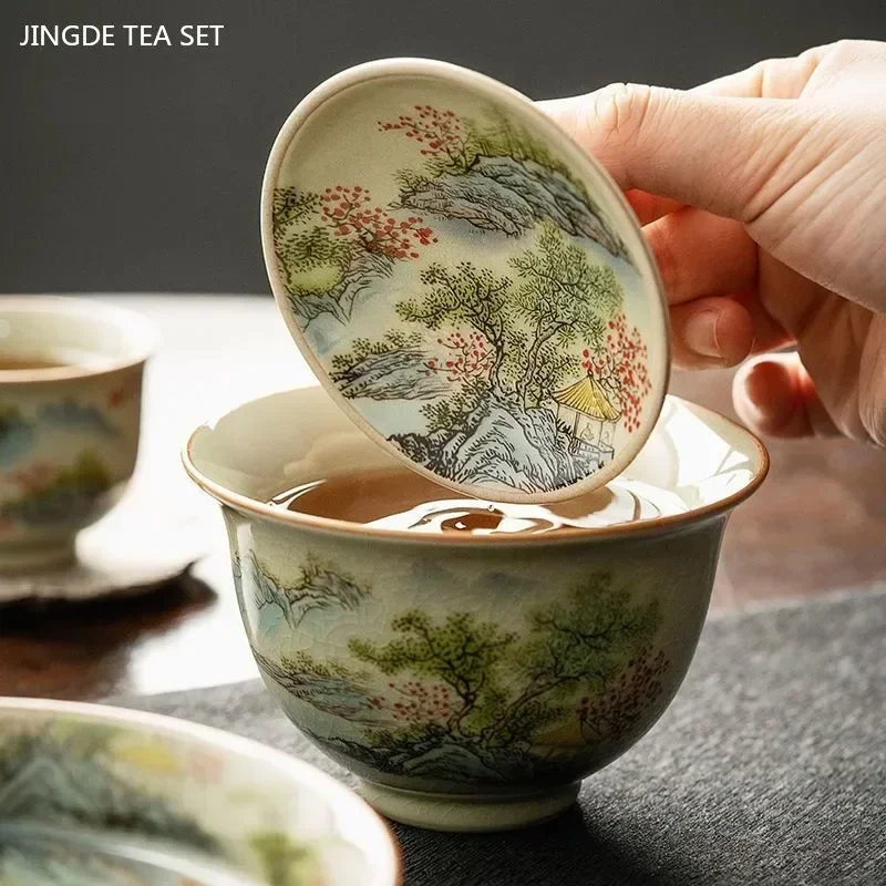 Exquisite Ice Crack Glaze Ceramic Teacup Handmade Beauty Gaiwan Vintage Chinese Tea Tureen High Grade Porcelain Tea Cups