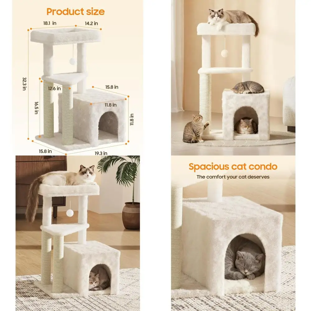 

33-дюймовый бежевый домашний кошачий дерево-переходник с многоуровневыми площадками для отдыха, стойками для когтеточек и игрушками для крупных кошек