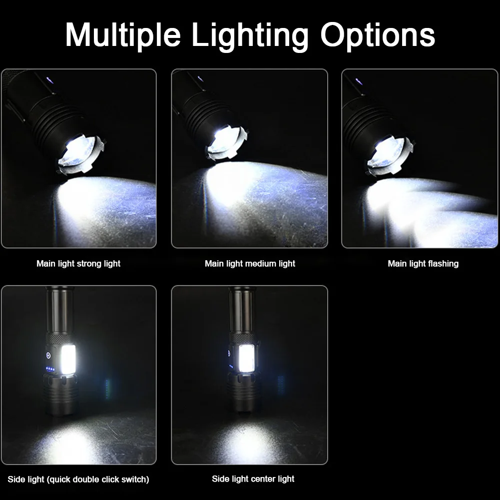 مصابيح كاشفة بلمبات LED قابلة لإعادة الشحن عبر USB مقاومة للماء عالية التجويف 3 أوضاع مصباح يدوي ليزر أبيض لمغامرة الصيد في الهواء الطلق
