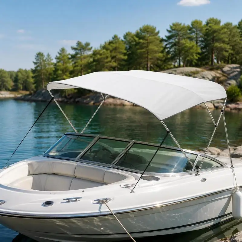 Housse de protection solaire pour bateau Bimini Top (3 arches) en polyester 600D avec structure en alliage d'aluminium, auvent de bateau imperméable avec sac de rangement, 216-229 cm (L) Gris clair