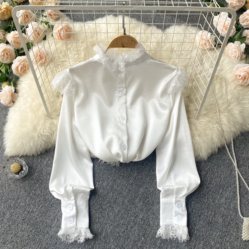 

Women's New Fashion Spring Autumn 2022 Satin Blouse Chiffon Slim Solid Color Stand Collar Stitching Lace Shirt Tops Mujer D909