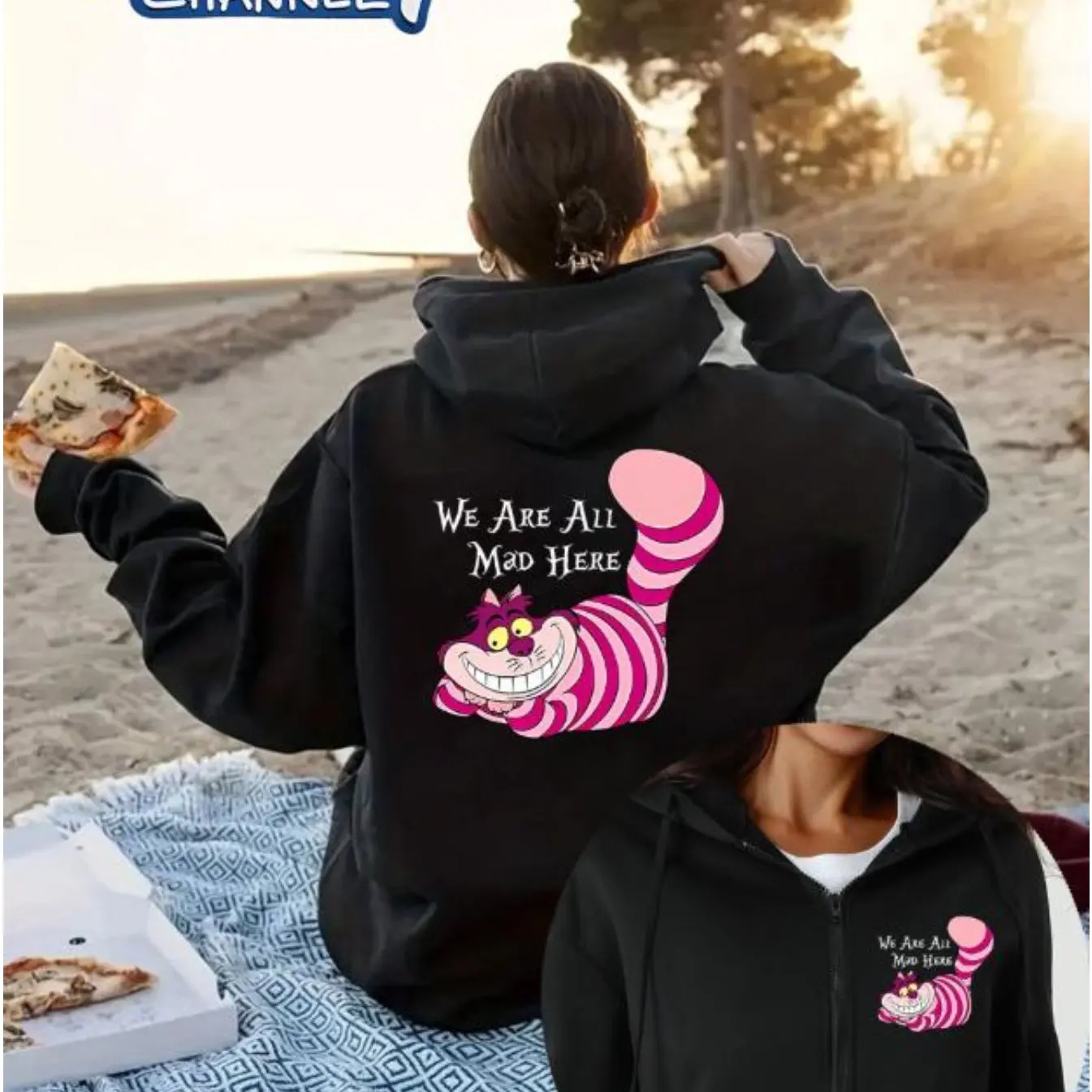Nourriture d'anniversaire magique Disney pour femme - Chat Chasha "We Are All Mad Here", sweat-shirt à fermeture éclair, tenue décontracté pour les fans de la Fête et de Disney