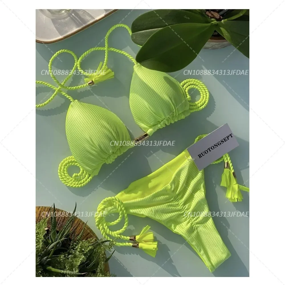 Mehrfarbiger sexy Badeanzug für Damen, Bikini, rückenfrei, Seil, Dreieck-Badeanzug, doppelseitige Stoffnähte, reine handgewebte Seil-Bikinis