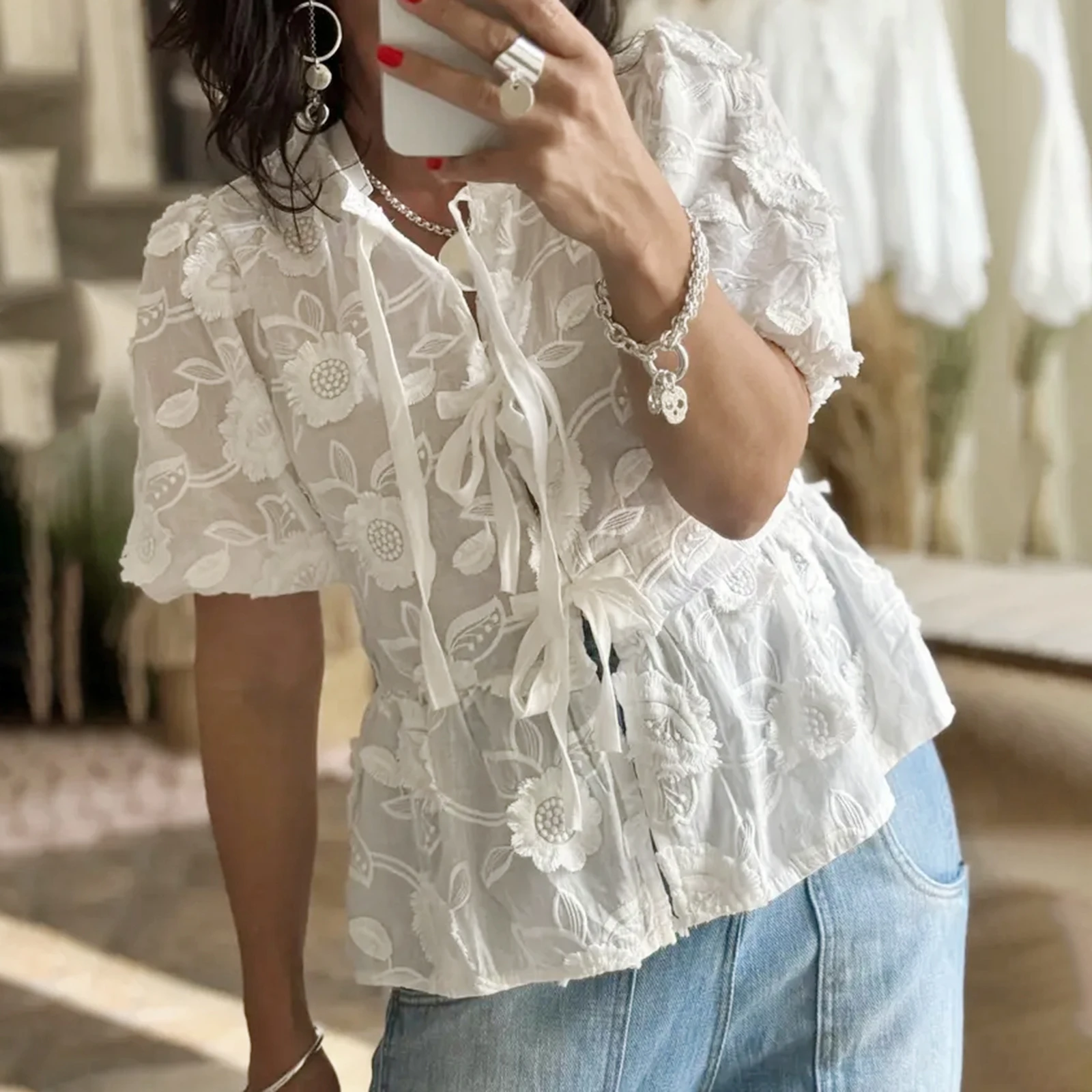 Dourbesty Elegant Puff Short Sleeve Peplum Shirts Tops Women Y2k Tie Front Ruffles Embroidery Blouse Retro Lace Up Shirts 2024