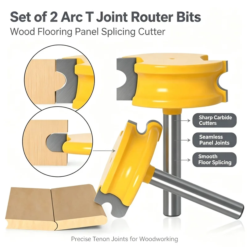2 Pieces 1/4 Inch Shank Curved T Tenon Router Bits, Wood Flooring Joining Bits, Woodworking Milling Cutters for Trimmers & Route