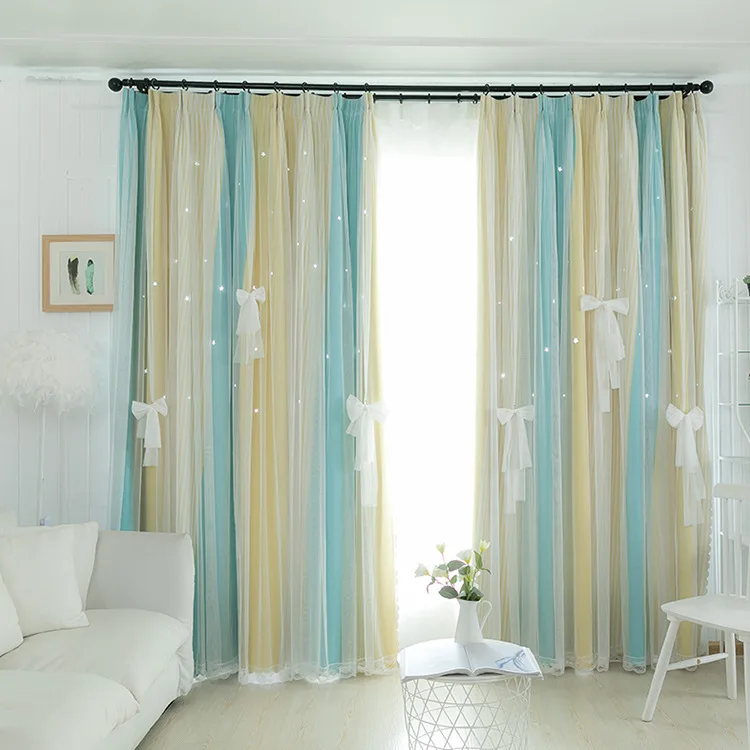

New Star-striped Morandi Double-layer Curtains with Mesh Girly Style Modern Curtains
