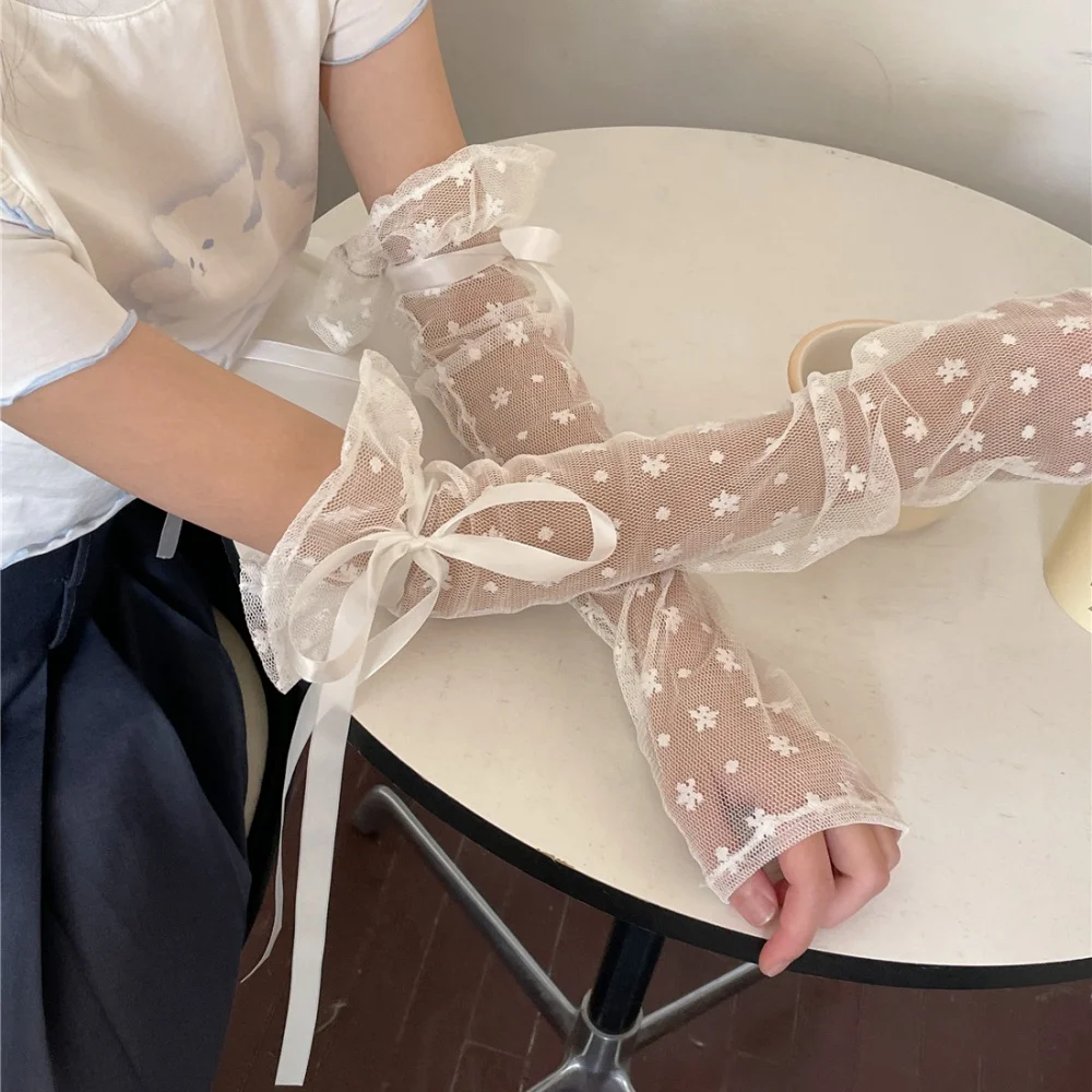 Y2K القوس لوليتا الدانتيل أصابع كم بريق الماس الشمس حماية الزخرفية JK قفازات أصابع واقية من الشمس قفازات كاذبة