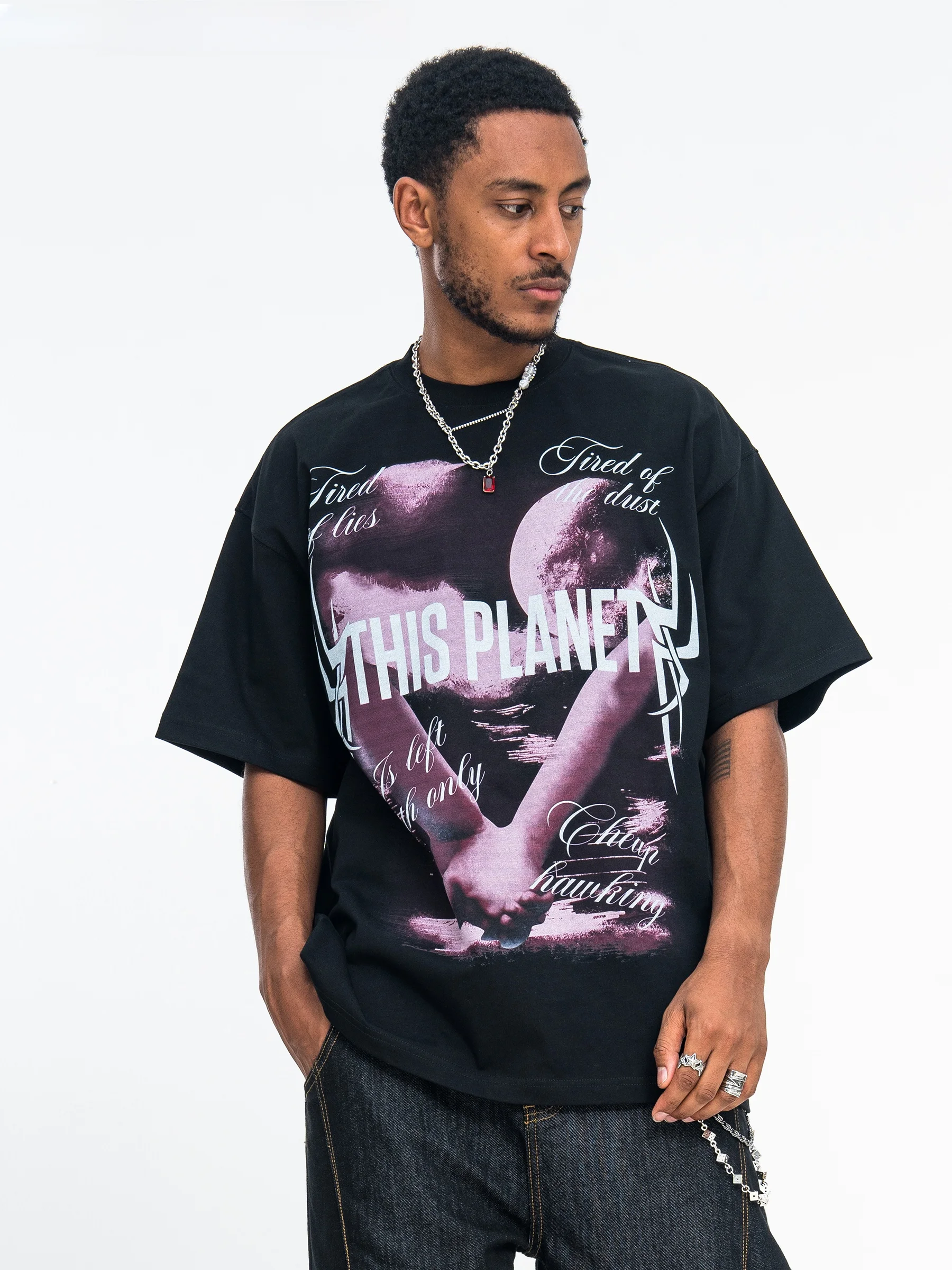 Onesevenine White Inkjet Print Short Sleeve Loose Unisex 315g Pure Cotton Small Collar T-Shirt Citywalk Date Casual Wear
