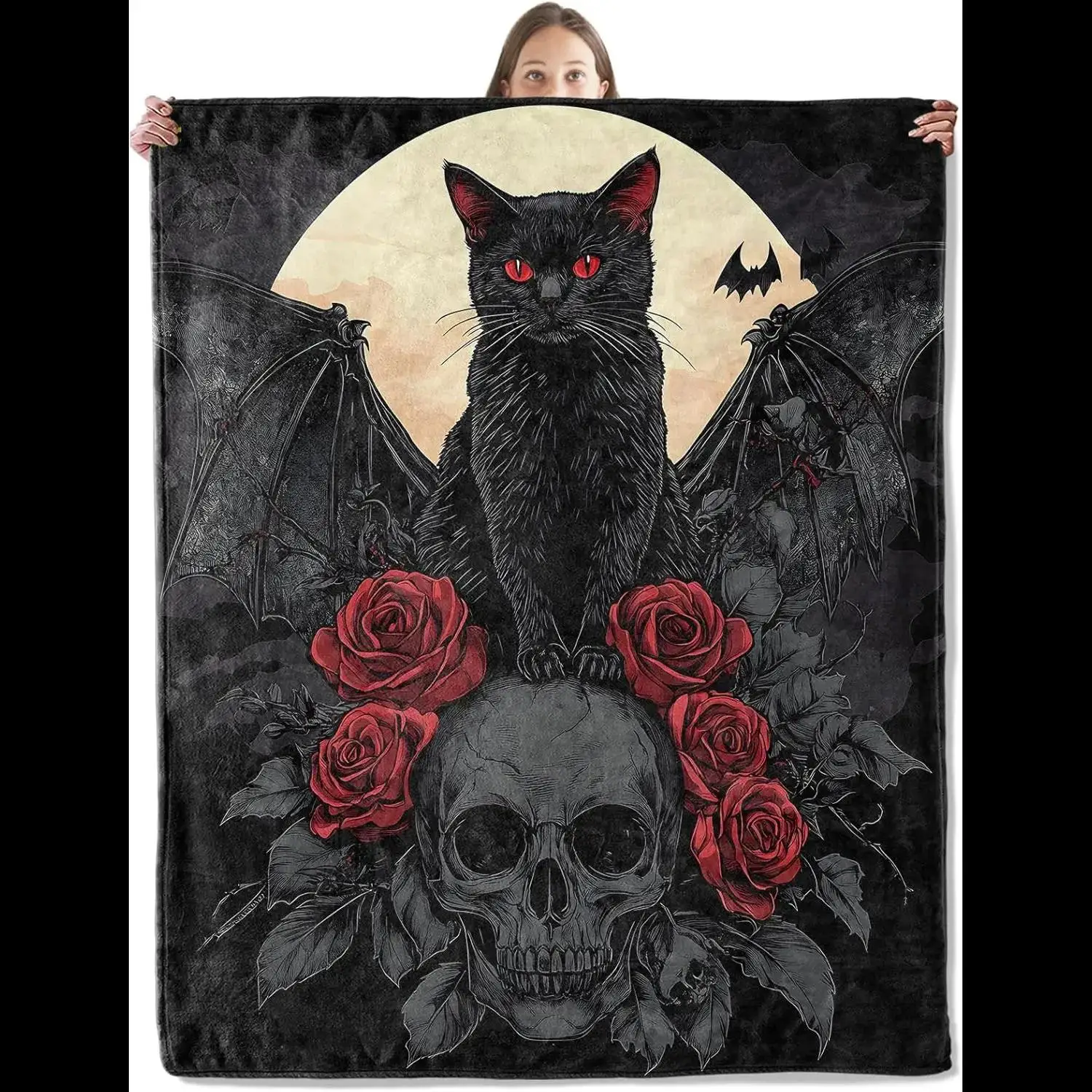 Gothic Black Cat Throw Blanket Soft Plush Flannel for Couch Bedroom Outdoor Travel Perfect Gifts for Her Him Pet Lovers