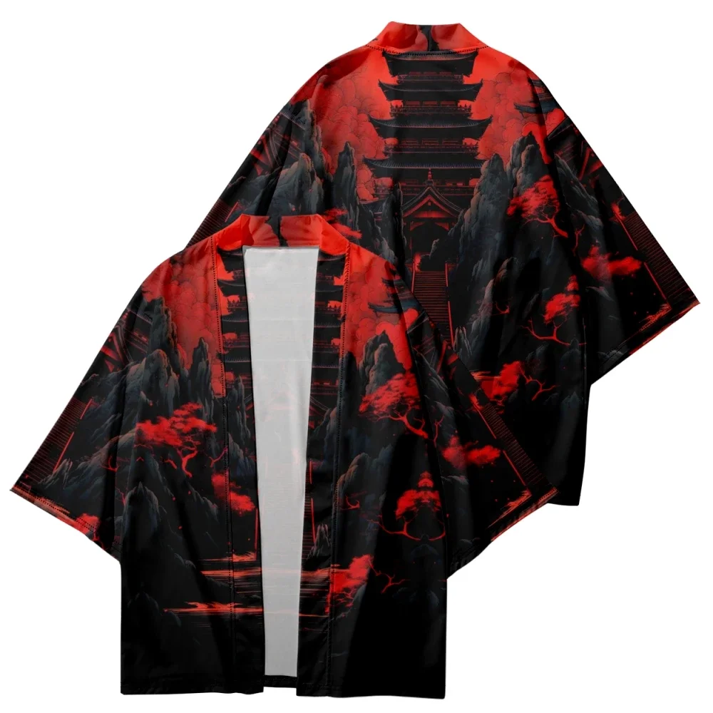 Streetwear Men Women Cardigan Haori Clothing 2023 Summer Japanese Style Anime Ancient Building Print Kimono