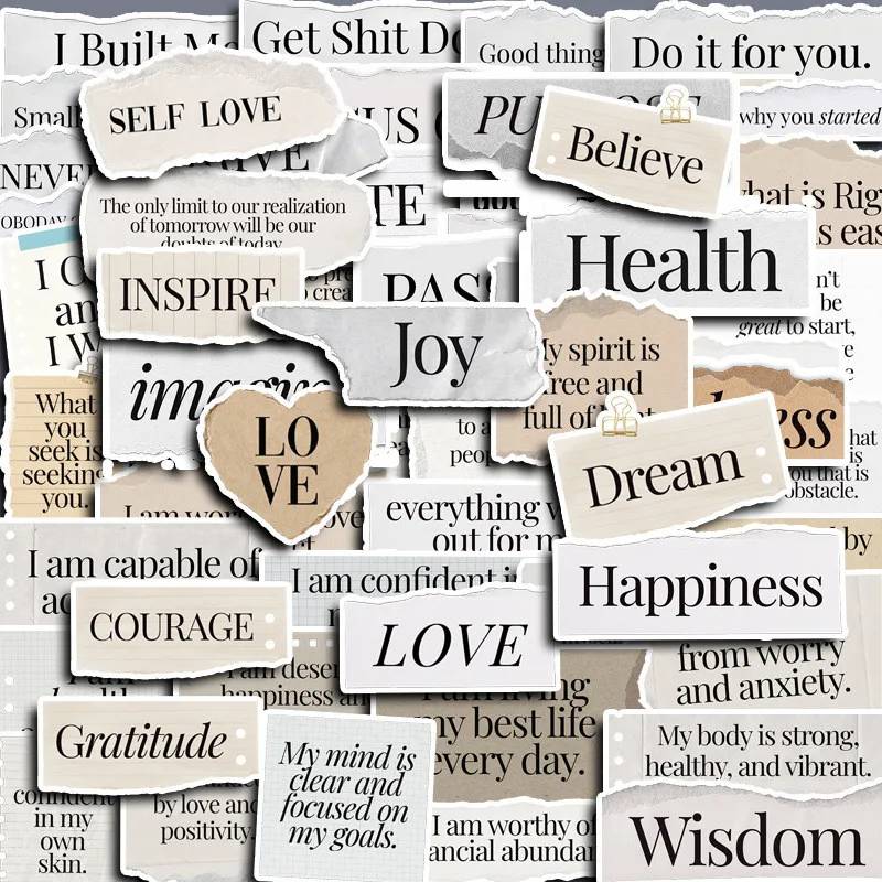 60PCS Inspirational Hand Torn Letter Phrase Graffiti Stickers for Bicycle Hand Account Pencil Case Decals