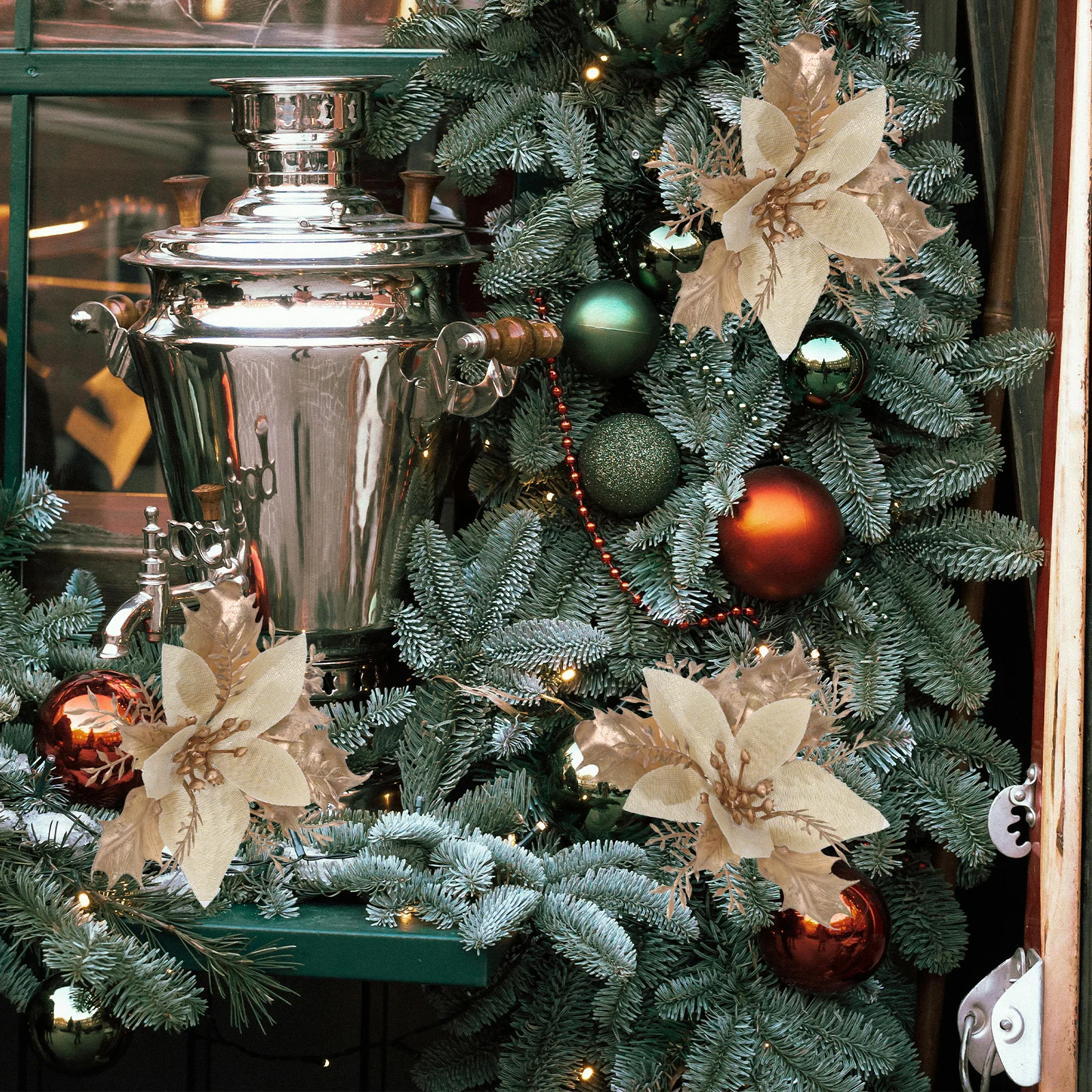 

6 Pcs Poinsettia Artificial Flowers Christmas Glitter Xmas Tree Clips Golden Ornaments