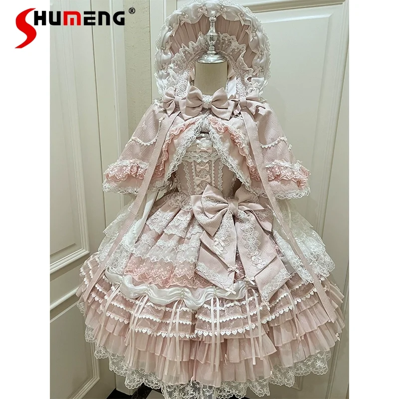 

Japanese Style Soft Girls Lolita Pink Dress for Women Sweet Slim Fit Bow Lace with Cape Princess Party Dresses Set Spring 2025