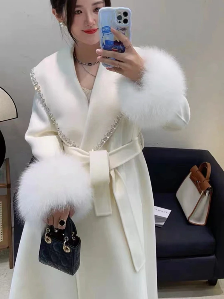 2023 New Arrival Cashmere Women Winter Long Coat With Real Fox Fur Cuffs Fashion Model High Quality Jacket