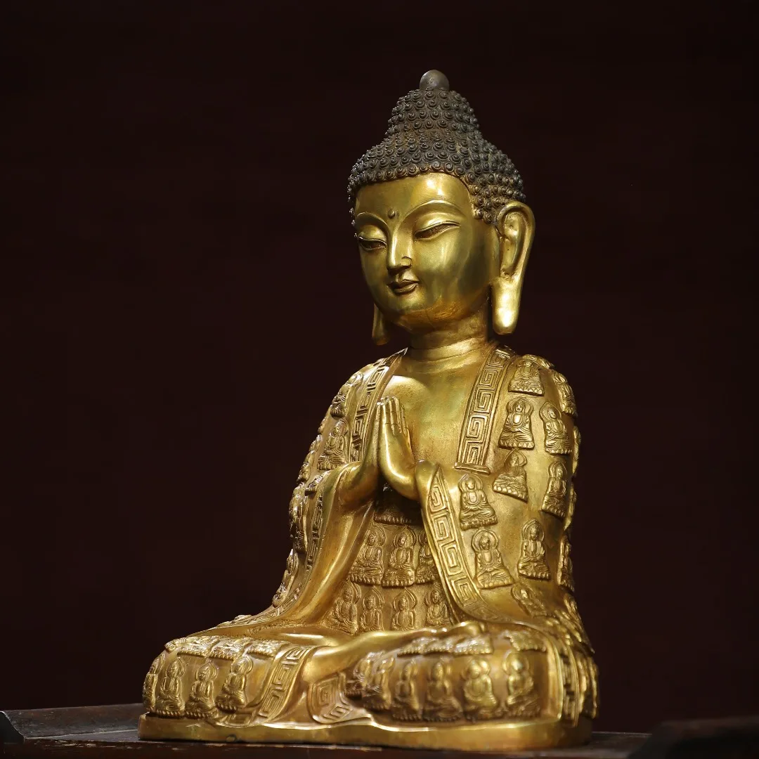 Home Worship of Religious Bronze Gilded Thousand Buddha Robe and Statue of Shakyamuni Buddha Size: Height 40cm, Width 18cm, Thic