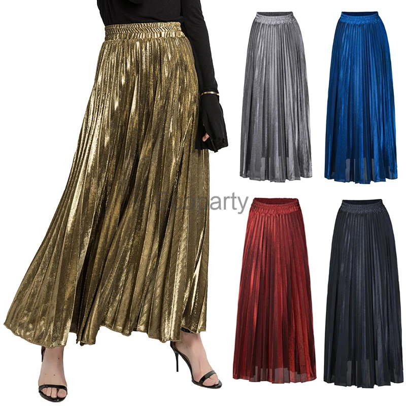 

New Women's Fashion High Waist Long Pleated Skirt 2024 Summer Casual Elegante Gold Elastic Waist A-Line Slim Maxi Skirs