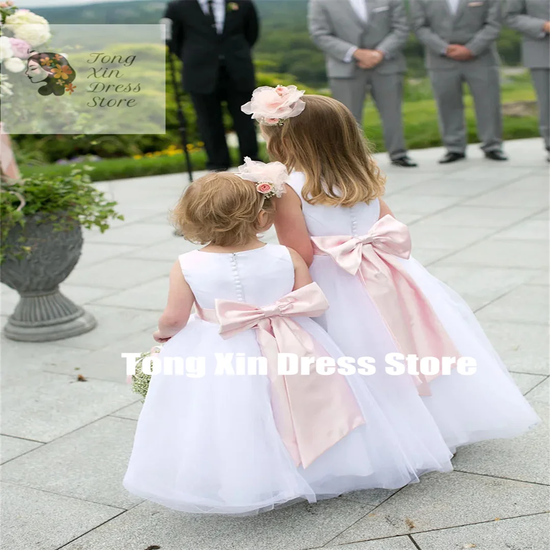 Toddlers A-Line Strap First Communion Dress Satin Bow Sashes Mini Bride Wedding Dress for Flower Girls Long Pageant Party Gowns