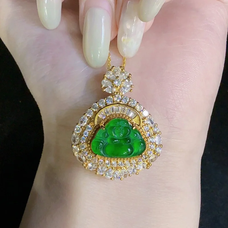 Natural Grade A Jadeite Laughing Buddha Pendant, Women's Jade Necklace, Inlaid DIY Jade Accessories
