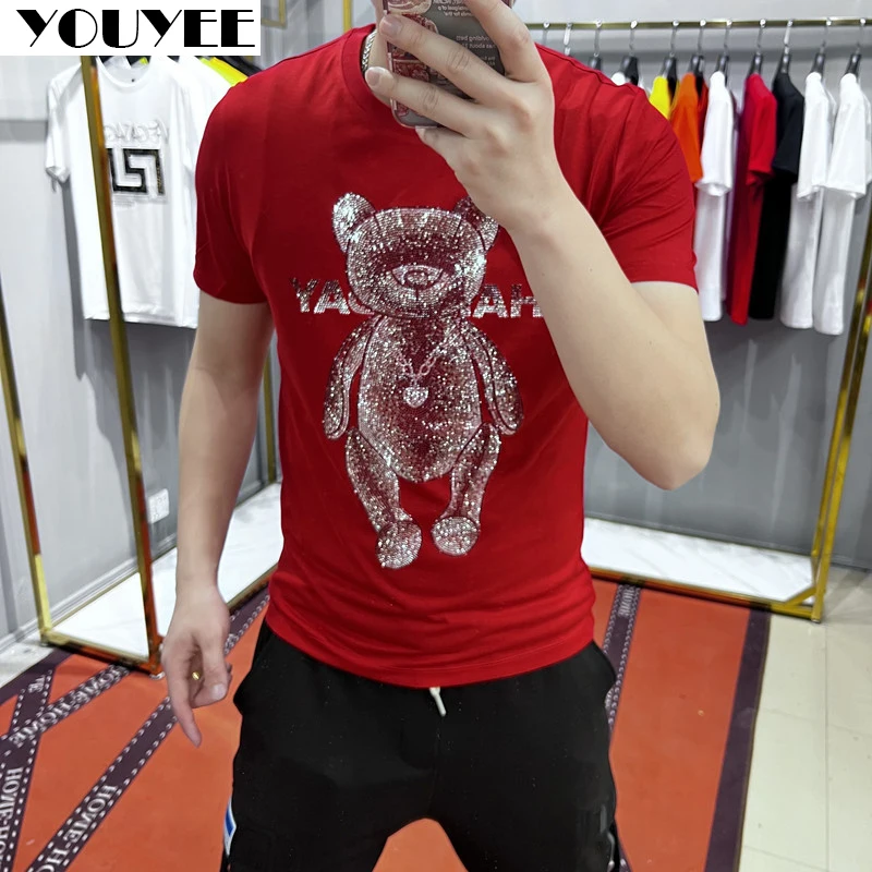

Youth diamond hot bear print T-shirt men's loose 0-neck 2022 spring summer Fashion brand Mercerized Cotton Tees Male Clothing 6X