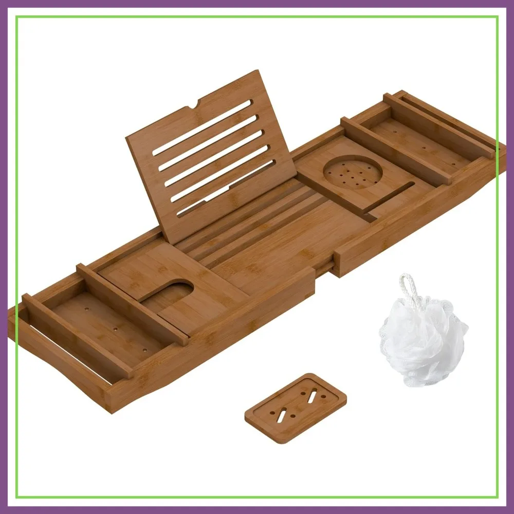 Expandable Bamboo Bathtub Tray for Luxury Bathroom, Spa Wooden Book & Laptop Holder